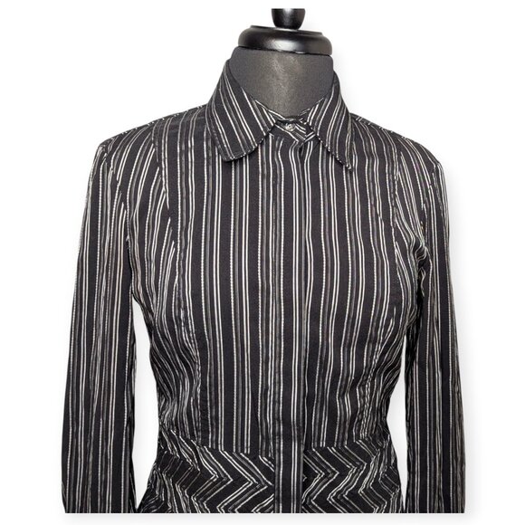 Debbie Shuchat Black White Pinstriped Long Sleeve Button Front French Cuffs Sz 6 - Picture 2 of 16